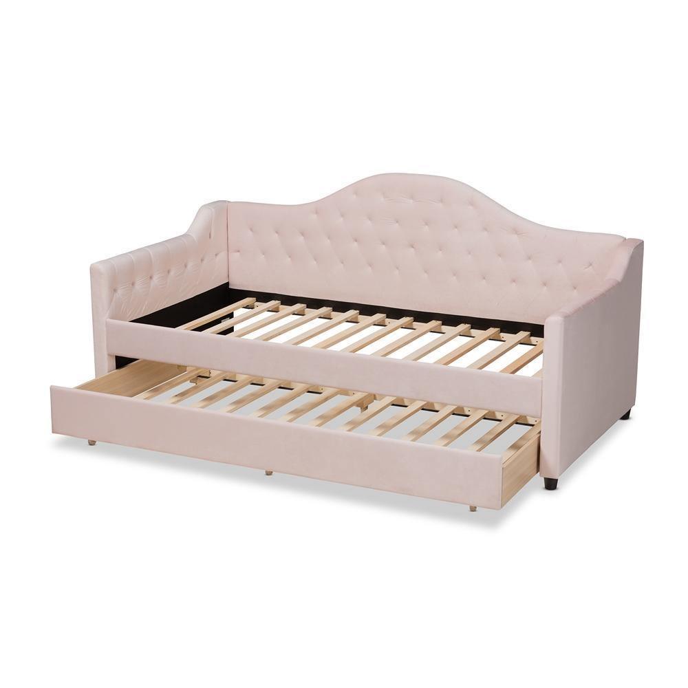 Perry Modern and Contemporary Light Pink Velvet Fabric Upholstered and Button Tufted Twin Size Daybed with Trundle FredCo