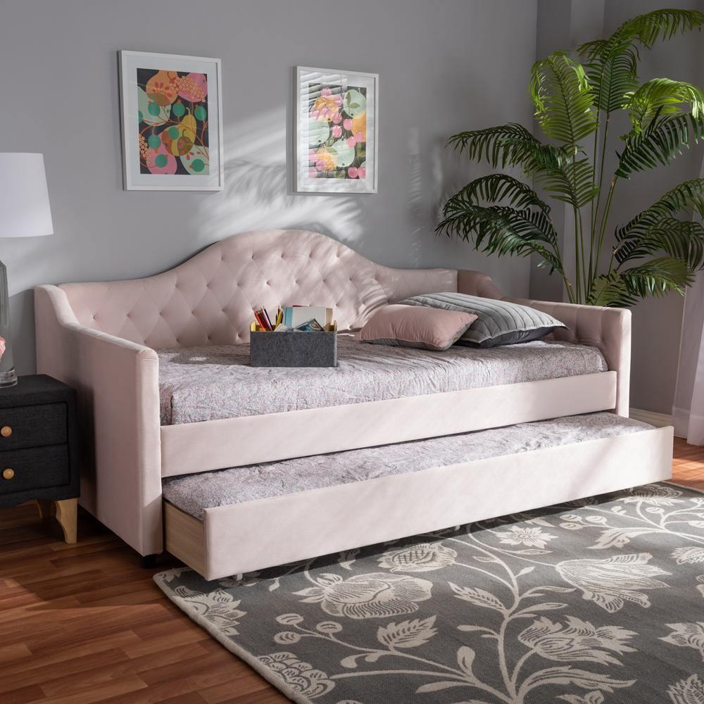 Perry Modern and Contemporary Light Pink Velvet Fabric Upholstered and Button Tufted Twin Size Daybed with Trundle FredCo