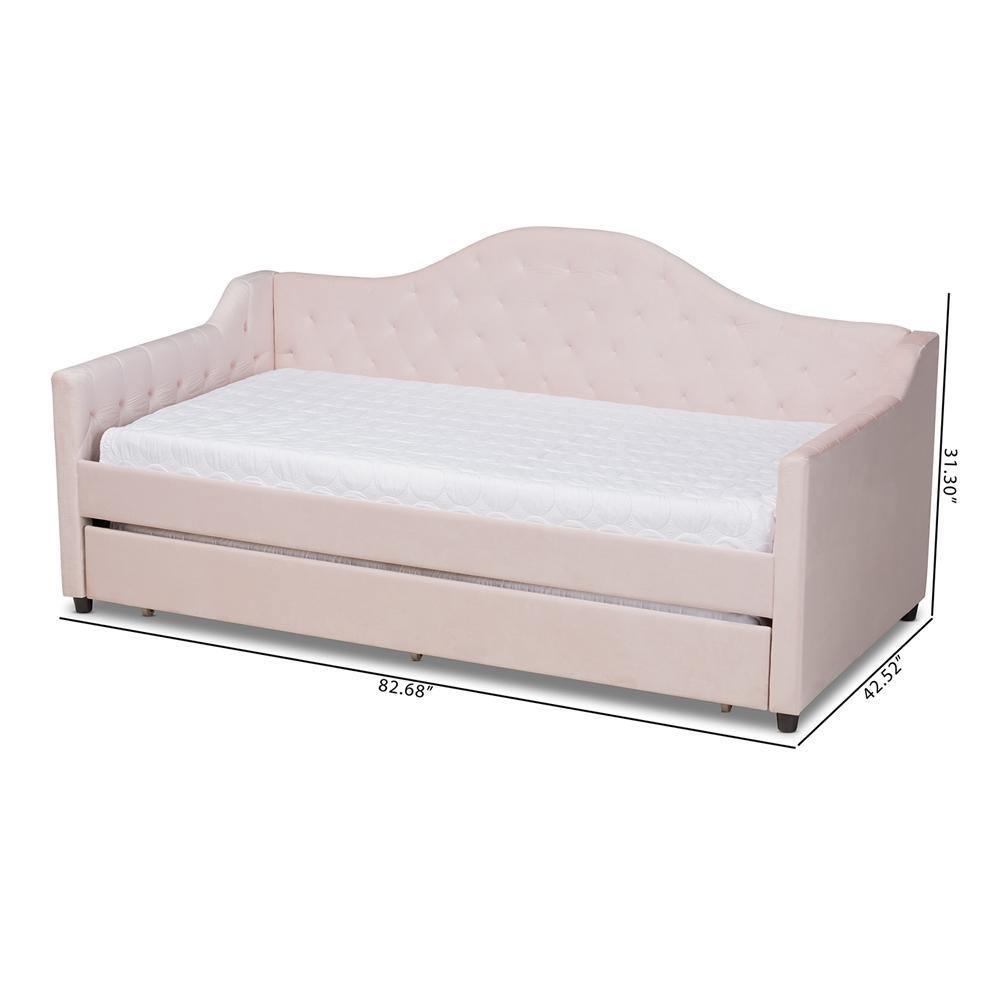 Perry Modern and Contemporary Light Pink Velvet Fabric Upholstered and Button Tufted Twin Size Daybed with Trundle FredCo