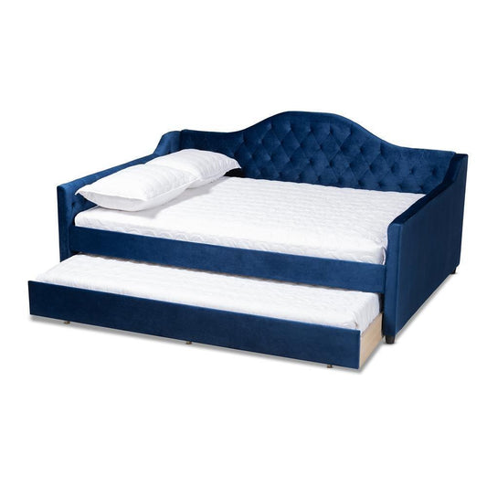 Perry Modern and Contemporary Navy Blue Velvet Fabric Upholstered and Button Tufted Full Size Daybed with Trundle FredCo