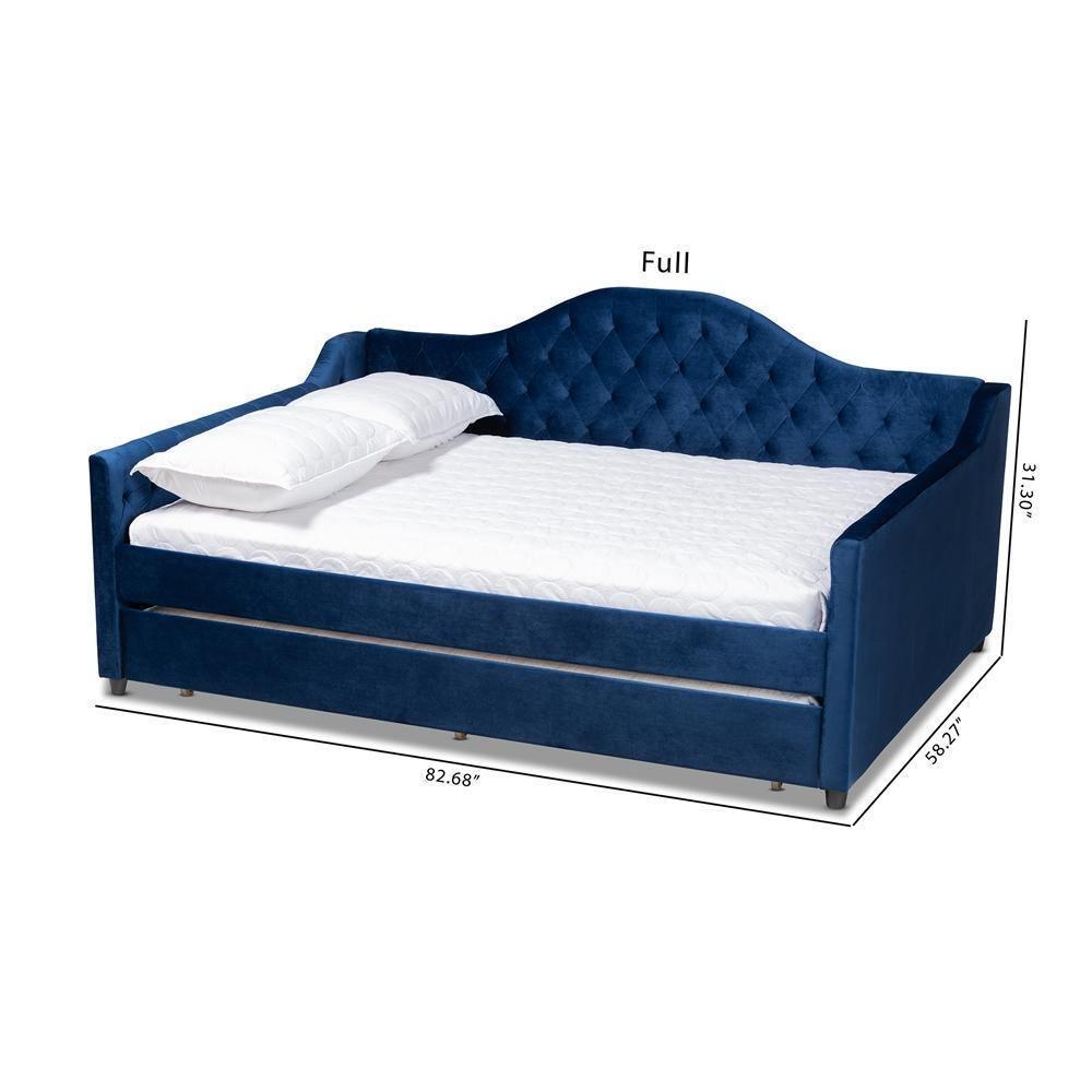 Perry Modern and Contemporary Navy Blue Velvet Fabric Upholstered and Button Tufted Full Size Daybed with Trundle FredCo