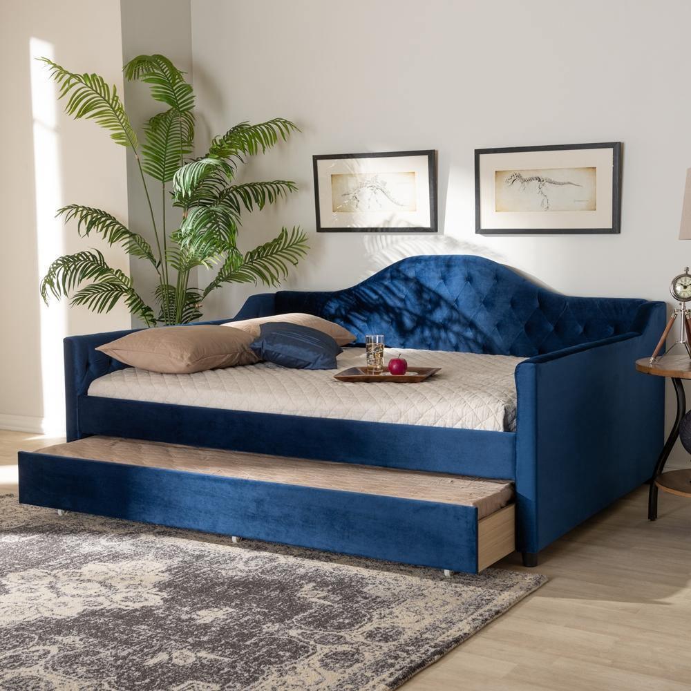 Perry Modern and Contemporary Navy Blue Velvet Fabric Upholstered and Button Tufted Full Size Daybed with Trundle FredCo