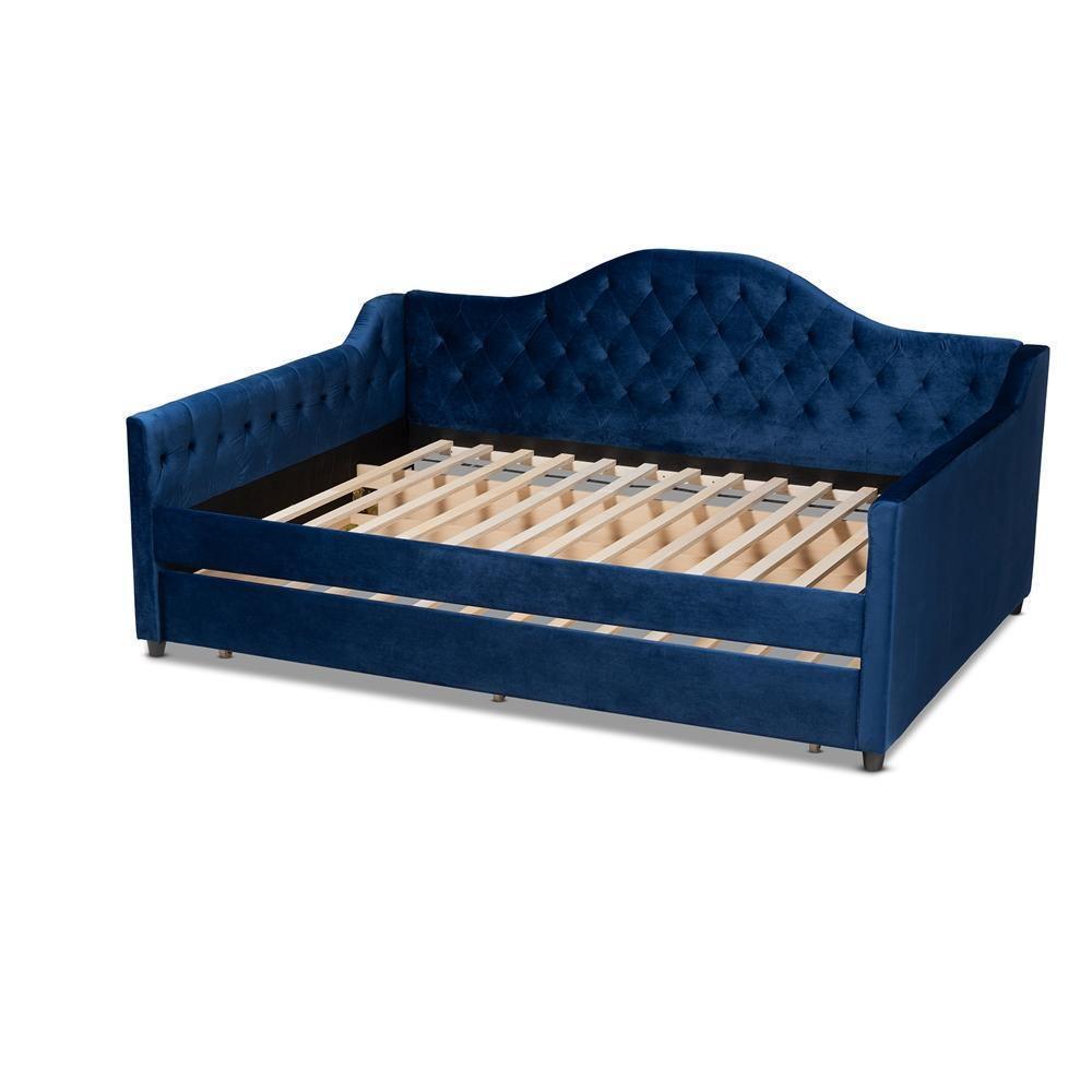 Perry Modern and Contemporary Navy Blue Velvet Fabric Upholstered and Button Tufted Full Size Daybed with Trundle FredCo