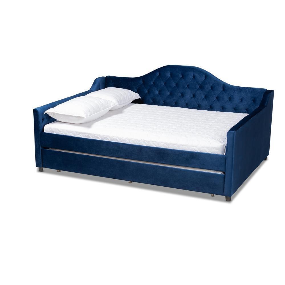 Perry Modern and Contemporary Navy Blue Velvet Fabric Upholstered and Button Tufted Full Size Daybed with Trundle FredCo