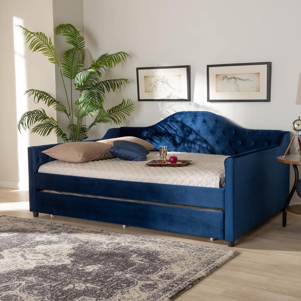 Perry Modern and Contemporary Navy Blue Velvet Fabric Upholstered and Button Tufted Full Size Daybed with Trundle FredCo