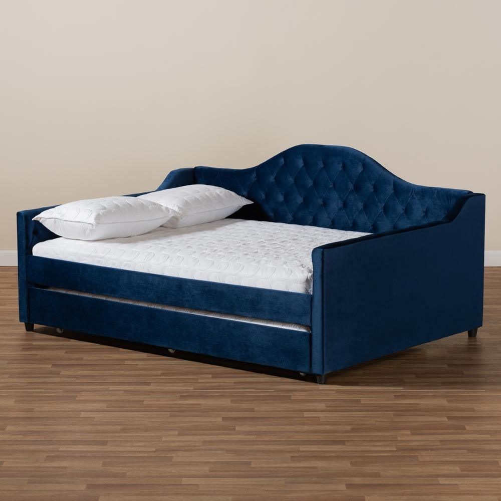 Perry Modern and Contemporary Navy Blue Velvet Fabric Upholstered and Button Tufted Full Size Daybed with Trundle FredCo