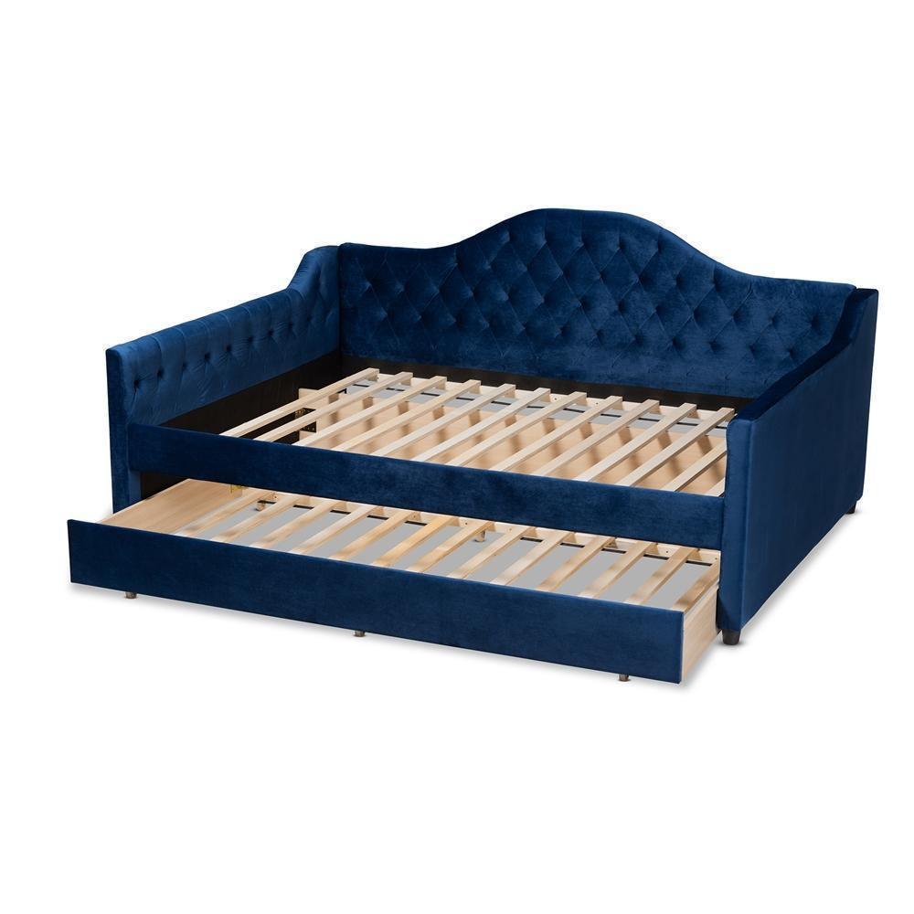 Perry Modern and Contemporary Navy Blue Velvet Fabric Upholstered and Button Tufted Full Size Daybed with Trundle FredCo