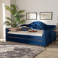 Perry Modern and Contemporary Navy Blue Velvet Fabric Upholstered and Button Tufted Full Size Daybed with Trundle FredCo