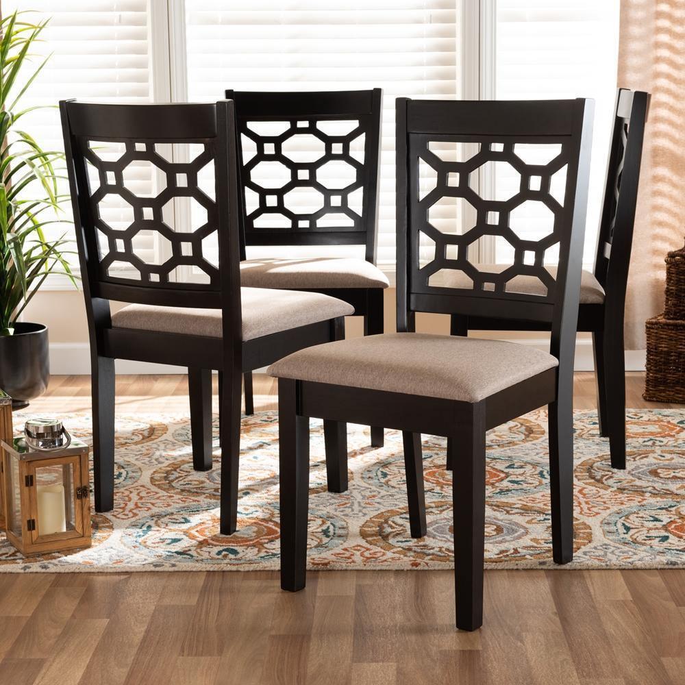Peter Modern and Contemporary Sand Fabric Upholstered and Dark Brown Finished Wood 4-Piece Dining Chair Set FredCo