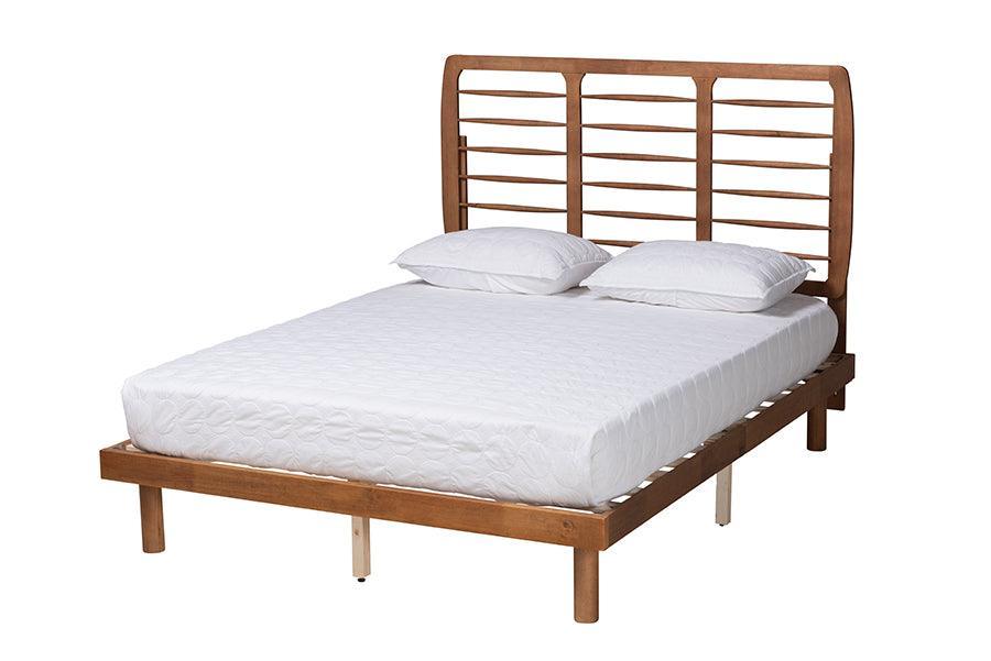 Petra Mid-Century Modern Ash Walnut Finished Wood Queen Size Platform Bed FredCo