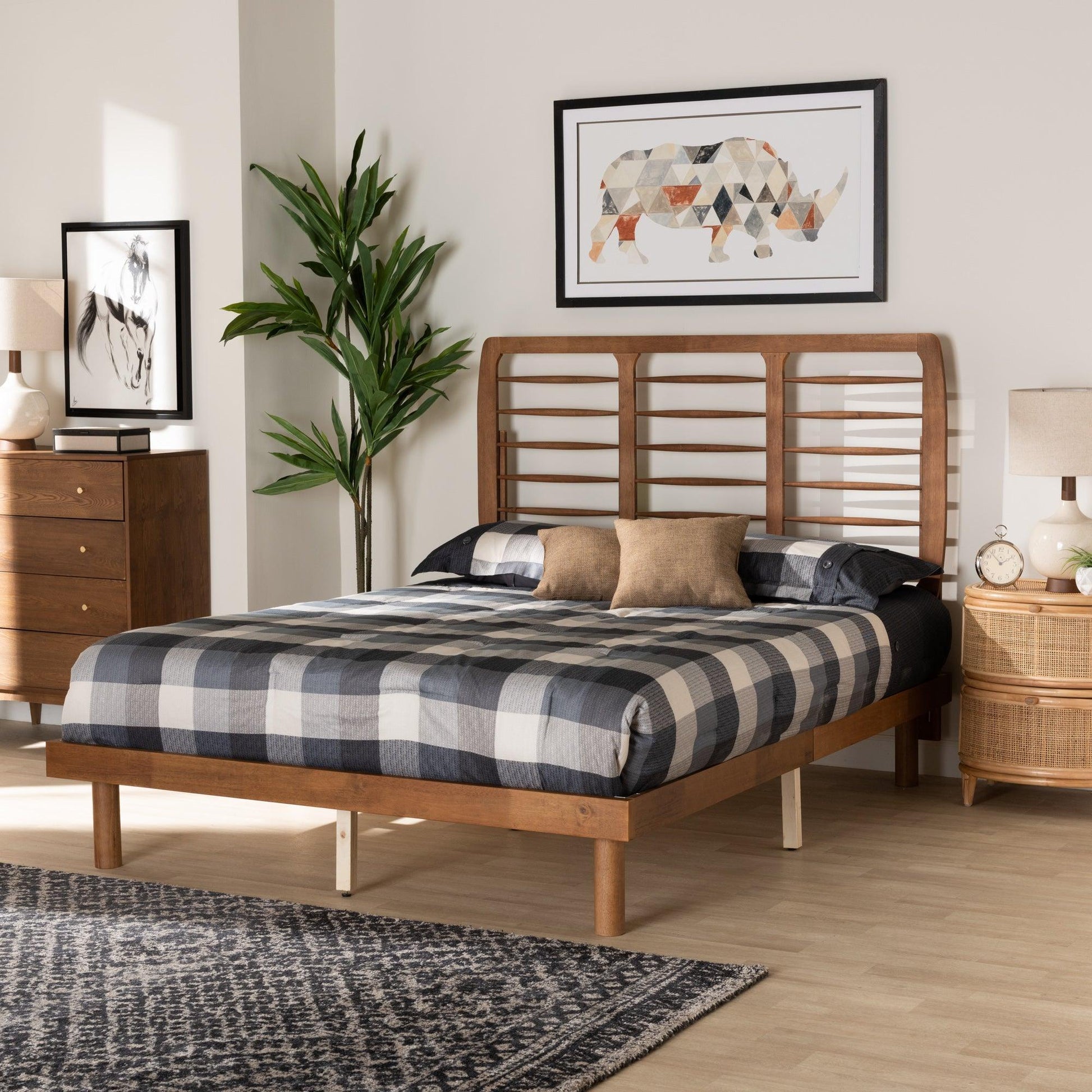 Petra Mid-Century Modern Ash Walnut Finished Wood Queen Size Platform Bed FredCo