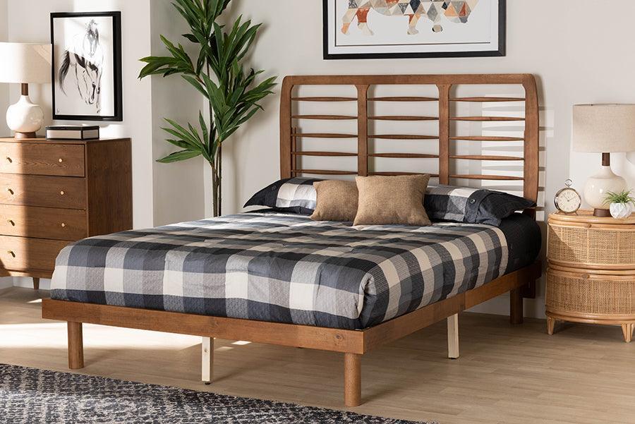 Petra Mid-Century Modern Ash Walnut Finished Wood Queen Size Platform Bed FredCo