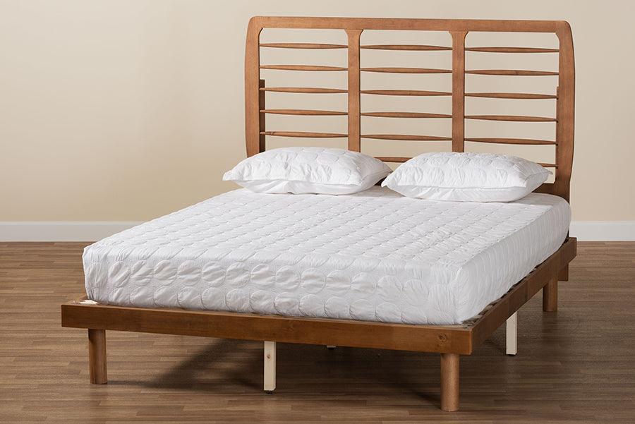Petra Mid-Century Modern Ash Walnut Finished Wood Queen Size Platform Bed FredCo