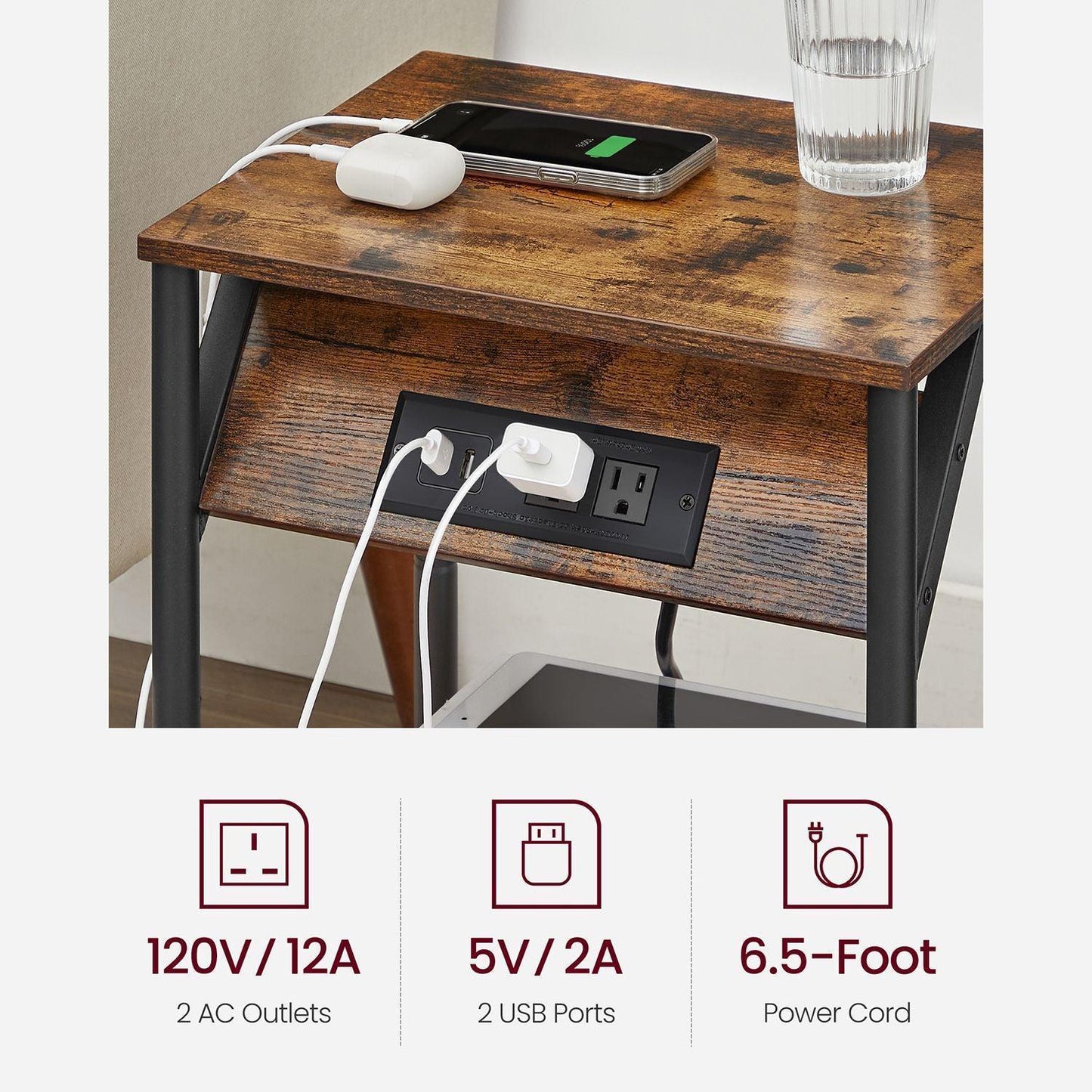 Plug-in Series End Table, USB, Brown and Black FredCo