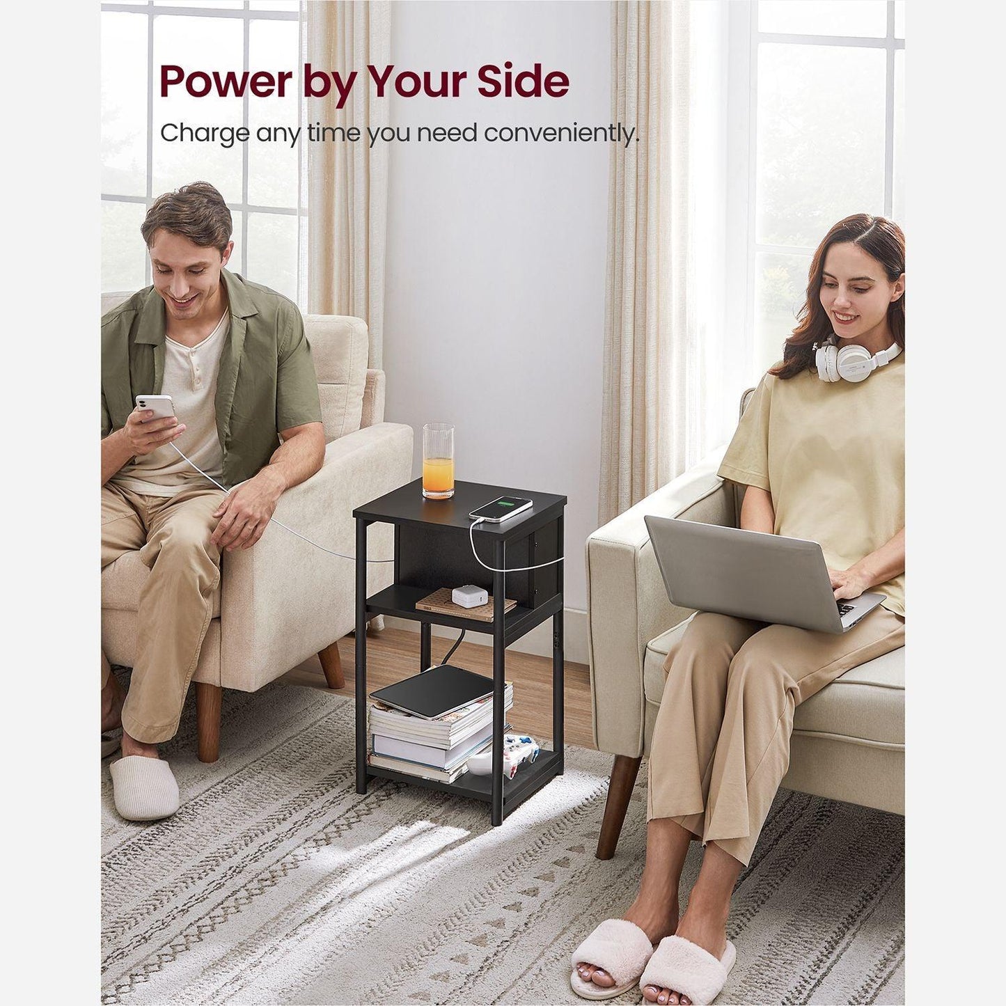 Plug-in Series Side Table, USB 22” Black FredCo