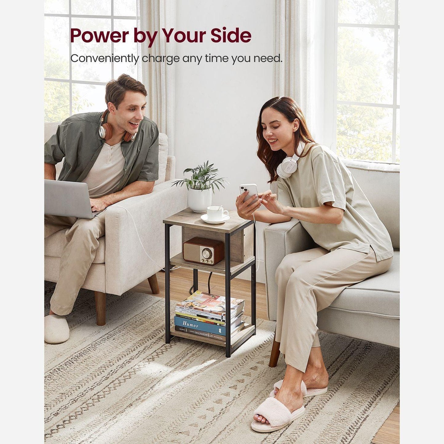 Plug-in Series Side Table, USB Ports Greige FredCo