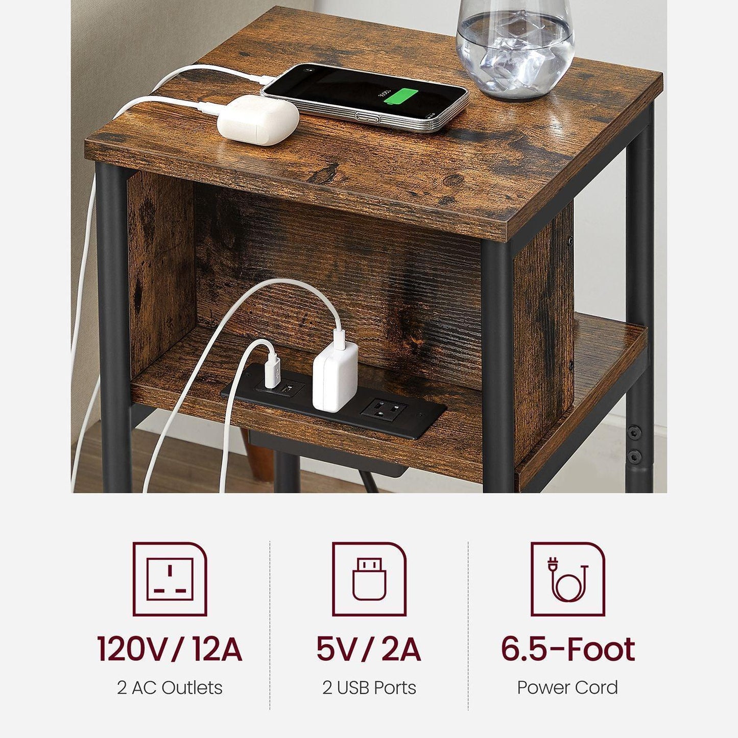 Plug-in Series Side Table, USB, Rustic Brown FredCo