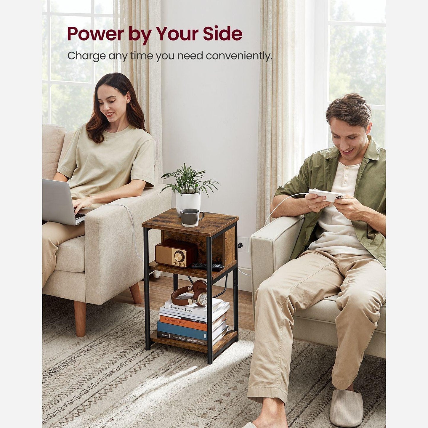 Plug-in Series Side Table, USB, Rustic Brown FredCo