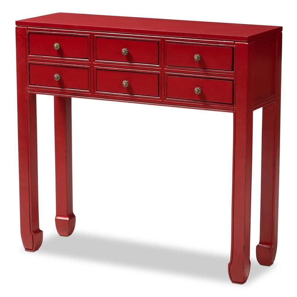 Pomme Classic and Antique Red Finished Wood Bronze Finished Accents 6-Drawer Console Table FredCo