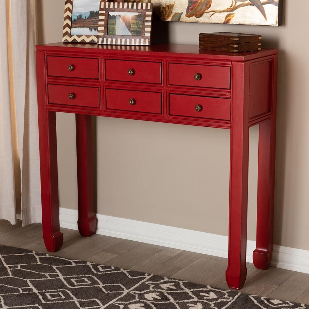 Pomme Classic and Antique Red Finished Wood Bronze Finished Accents 6-Drawer Console Table FredCo