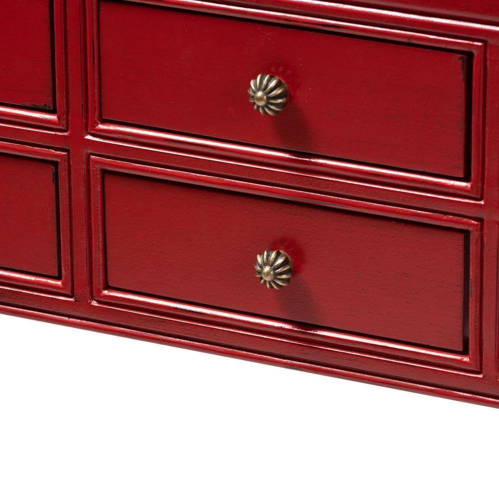 Pomme Classic and Antique Red Finished Wood Bronze Finished Accents 6-Drawer Console Table FredCo