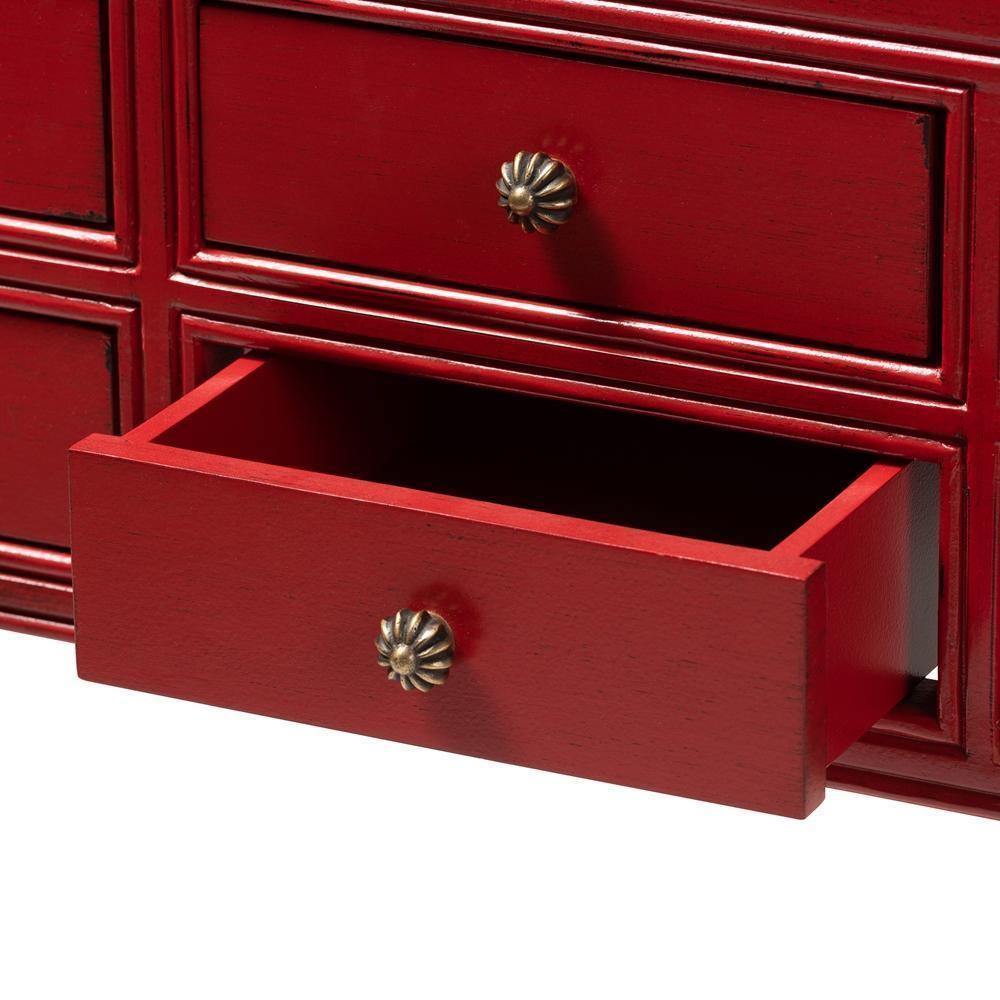 Pomme Classic and Antique Red Finished Wood Bronze Finished Accents 6-Drawer Console Table FredCo