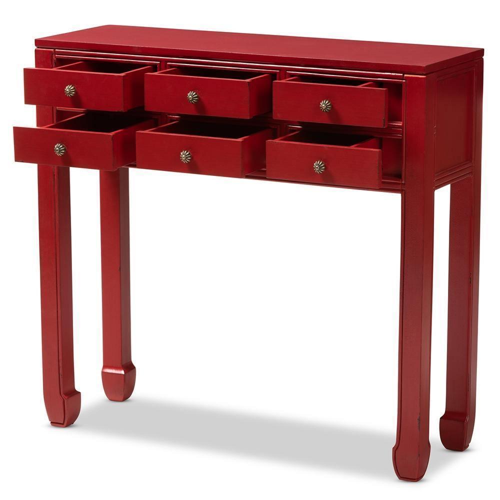 Pomme Classic and Antique Red Finished Wood Bronze Finished Accents 6-Drawer Console Table FredCo