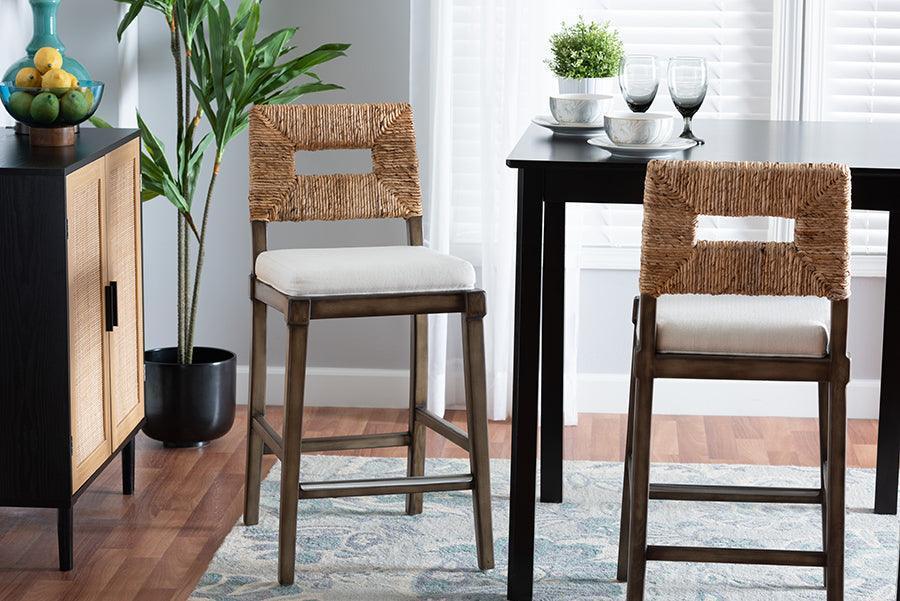 Porsha Modern Bohemian Dark Brown Finished Mahogany Wood and Natural Rattan Counter Stool FredCo