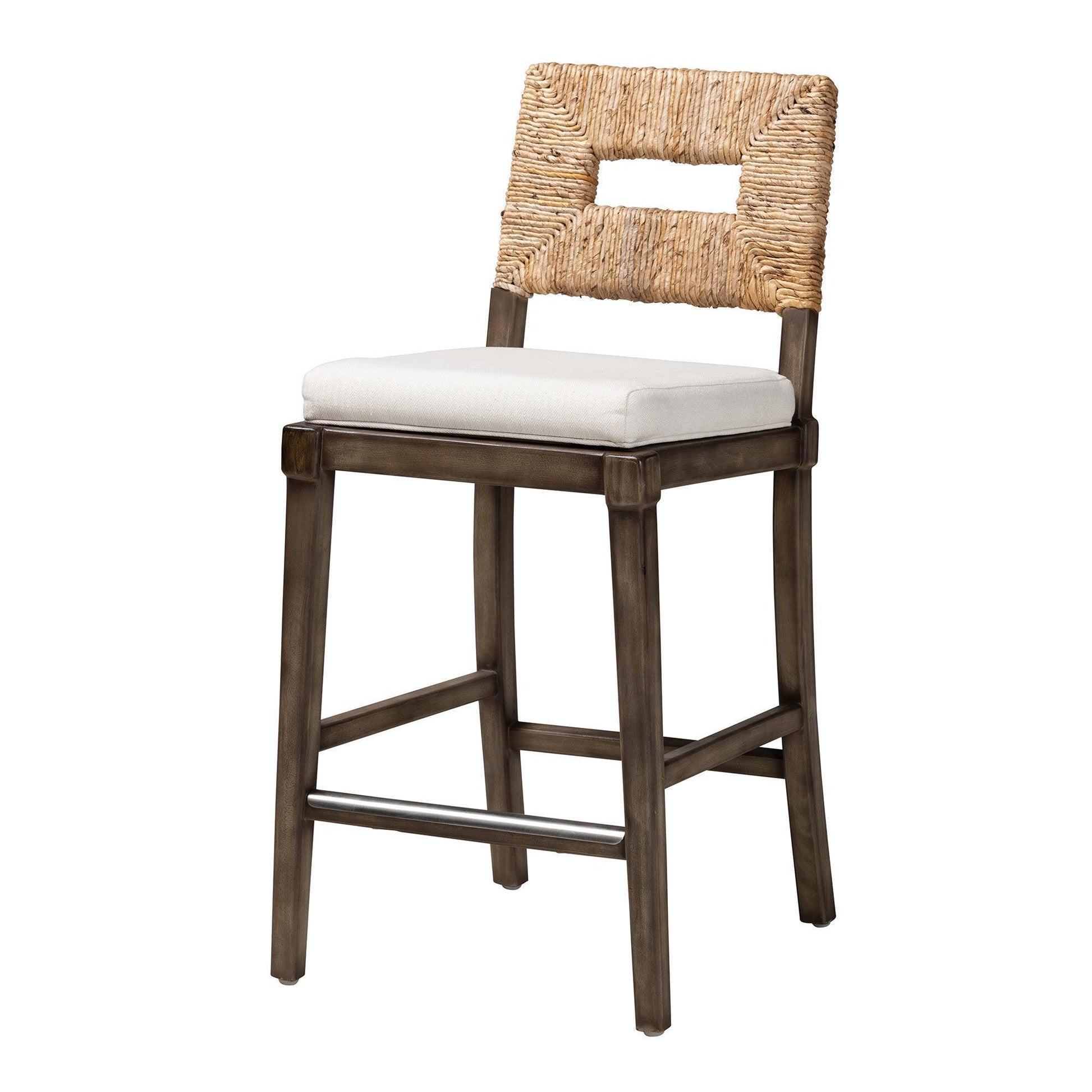 Porsha Modern Bohemian Dark Brown Finished Mahogany Wood and Natural Rattan Counter Stool FredCo
