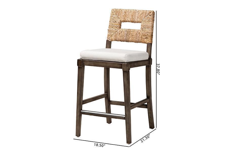 Porsha Modern Bohemian Dark Brown Finished Mahogany Wood and Natural Rattan Counter Stool FredCo