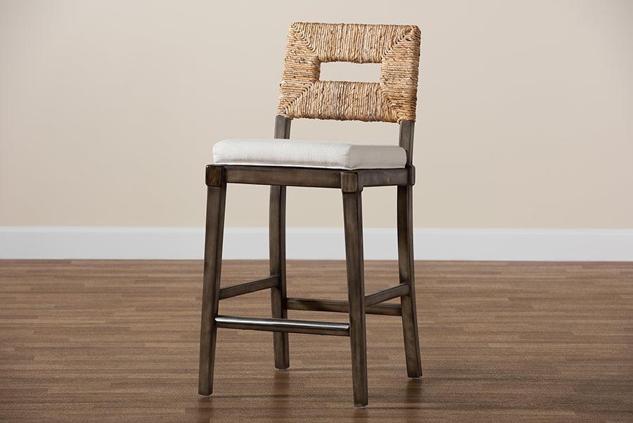 Porsha Modern Bohemian Dark Brown Finished Mahogany Wood and Natural Rattan Counter Stool FredCo