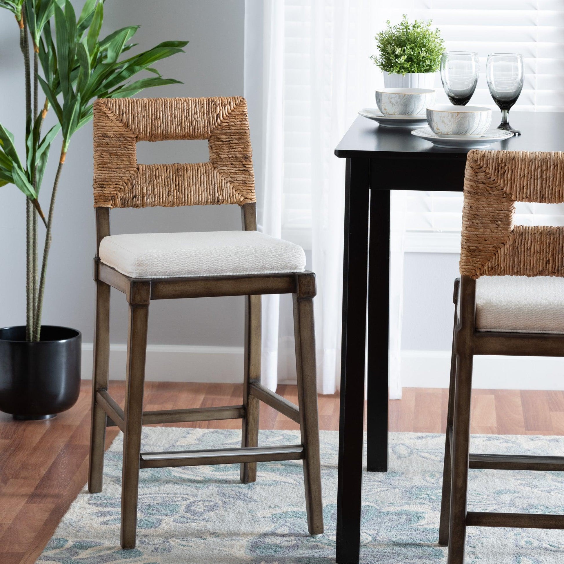 Porsha Modern Bohemian Dark Brown Finished Mahogany Wood and Natural Rattan Counter Stool FredCo