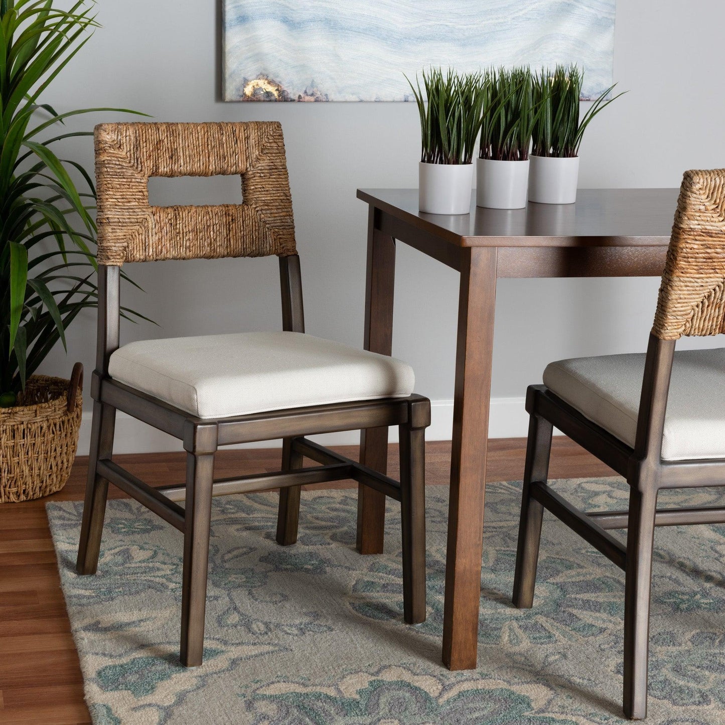 Porsha Modern Bohemian Dark Brown Finished Mahogany Wood and Natural Rattan Dining Chair FredCo