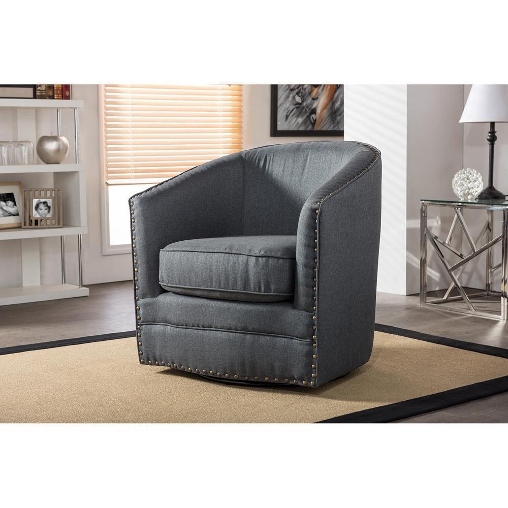Porter Modern and Contemporary Classic Retro Grey Fabric Upholstered Swivel Tub Chair FredCo