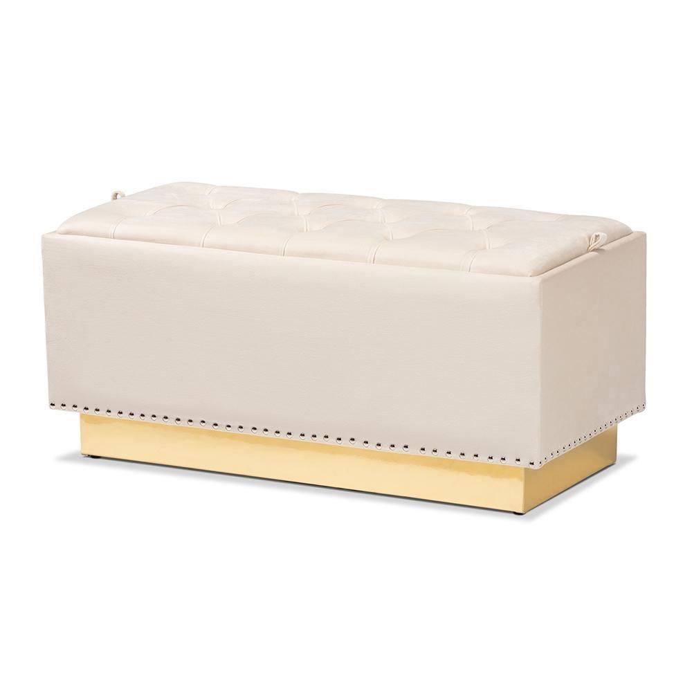 Powell Glam and Luxe Beige Velvet Fabric Upholstered and Gold PU Leather Storage Ottoman FredCo