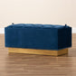 Powell Glam and Luxe Navy Blue Velvet Fabric Upholstered and Gold PU Leather Storage Ottoman FredCo