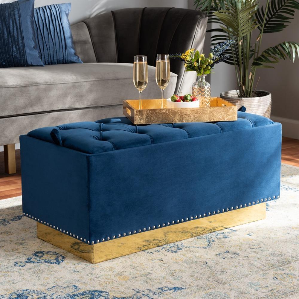 Powell Glam and Luxe Navy Blue Velvet Fabric Upholstered and Gold PU Leather Storage Ottoman FredCo