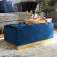 Powell Glam and Luxe Navy Blue Velvet Fabric Upholstered and Gold PU Leather Storage Ottoman FredCo