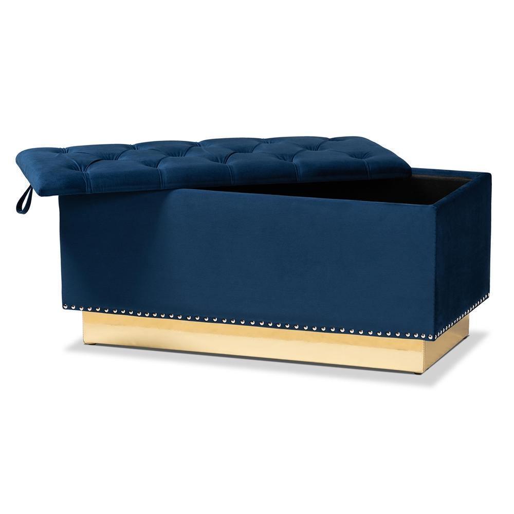 Powell Glam and Luxe Navy Blue Velvet Fabric Upholstered and Gold PU Leather Storage Ottoman FredCo