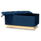 Powell Glam and Luxe Navy Blue Velvet Fabric Upholstered and Gold PU Leather Storage Ottoman FredCo