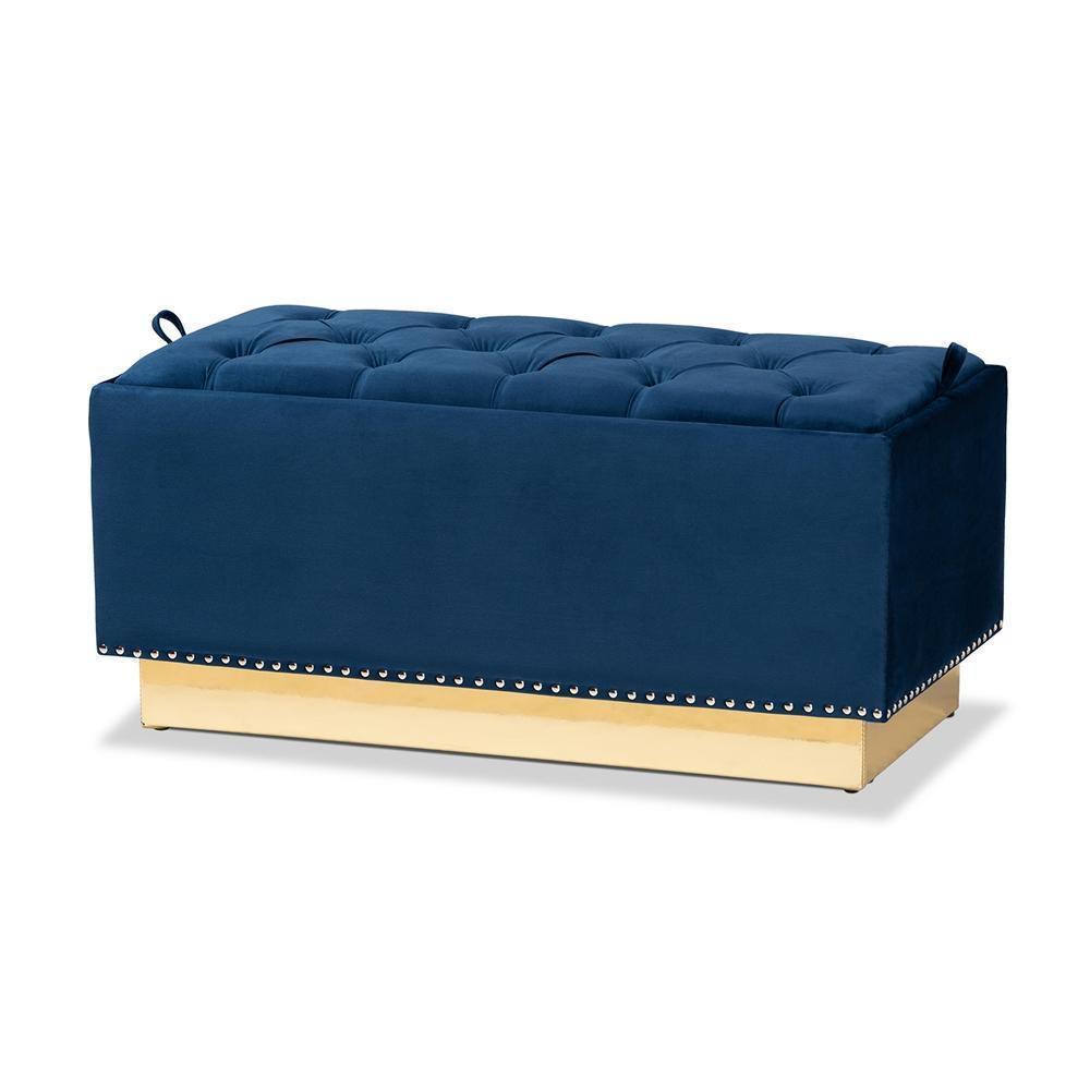 Powell Glam and Luxe Navy Blue Velvet Fabric Upholstered and Gold PU Leather Storage Ottoman FredCo