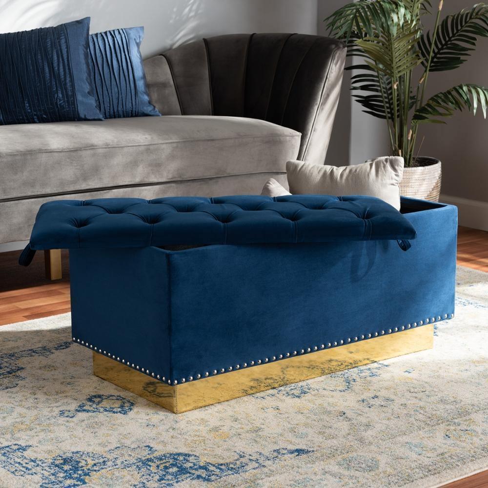 Powell Glam and Luxe Navy Blue Velvet Fabric Upholstered and Gold PU Leather Storage Ottoman FredCo