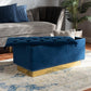 Powell Glam and Luxe Navy Blue Velvet Fabric Upholstered and Gold PU Leather Storage Ottoman FredCo