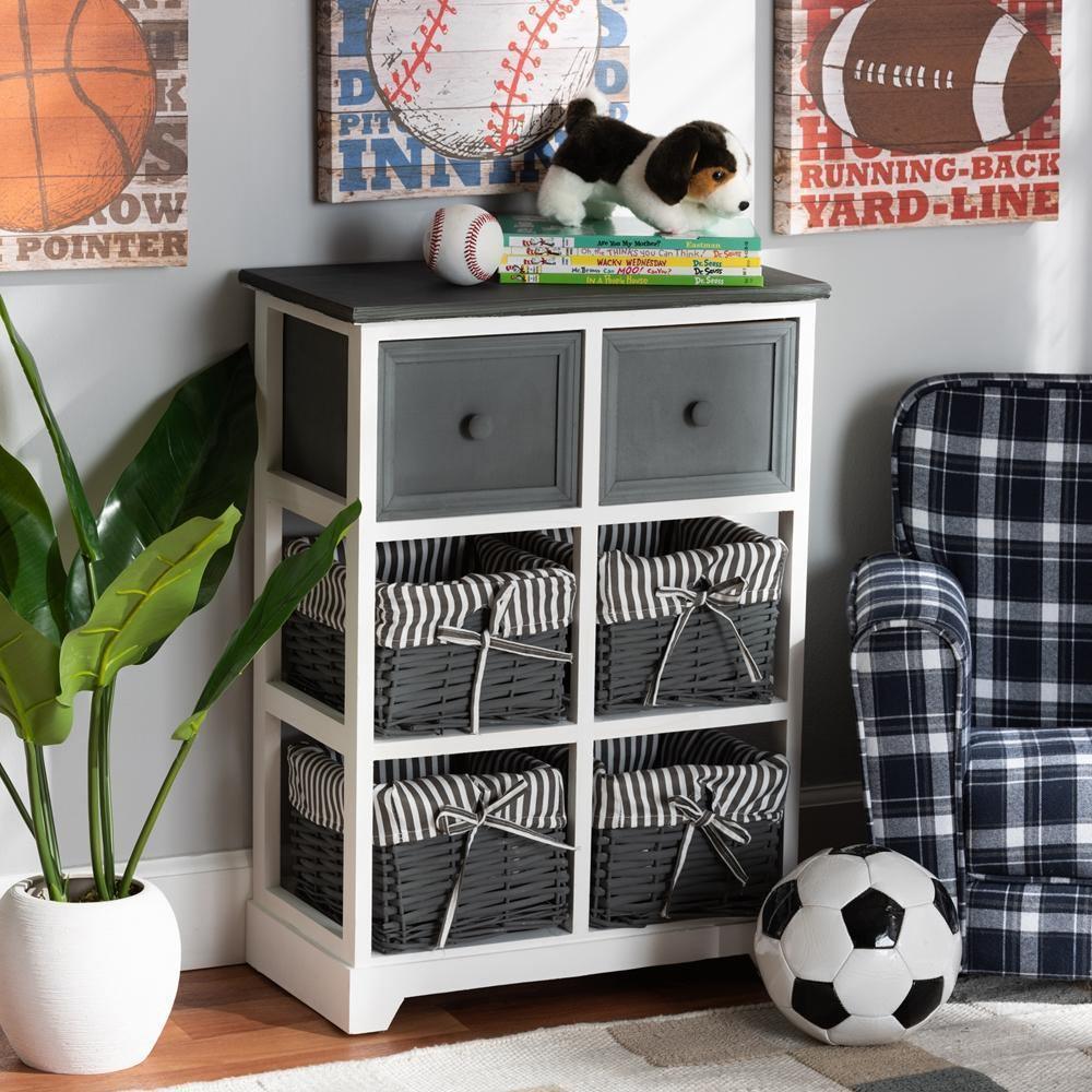 Premala Modern and Contemporary Two-Tone Grey and White Finished Wood 2-Drawer Storage Unit with Baskets FredCo