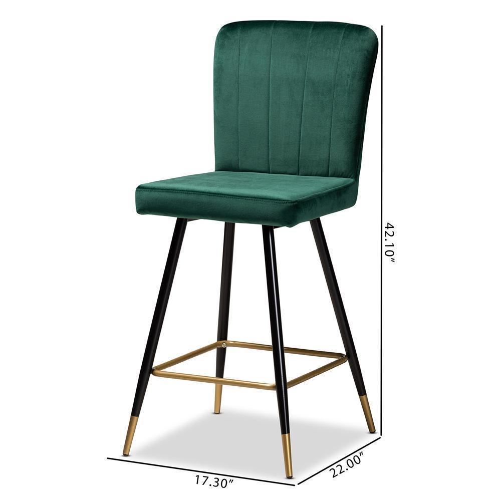 Preston Modern Luxe and Glam Green Velvet Fabric Upholstered and Two-Tone Black and Gold Finished Metal 2-Piece Bar Stool Set FredCo