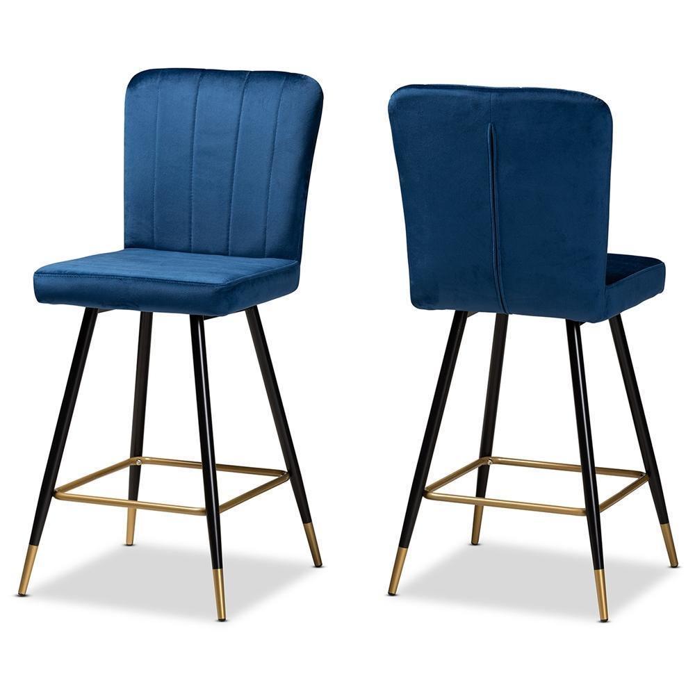 Preston Modern Luxe and Glam Navy Blue Velvet Fabric Upholstered and Two-Tone Black and Gold Finished Metal 2-Piece Bar Stool Set FredCo