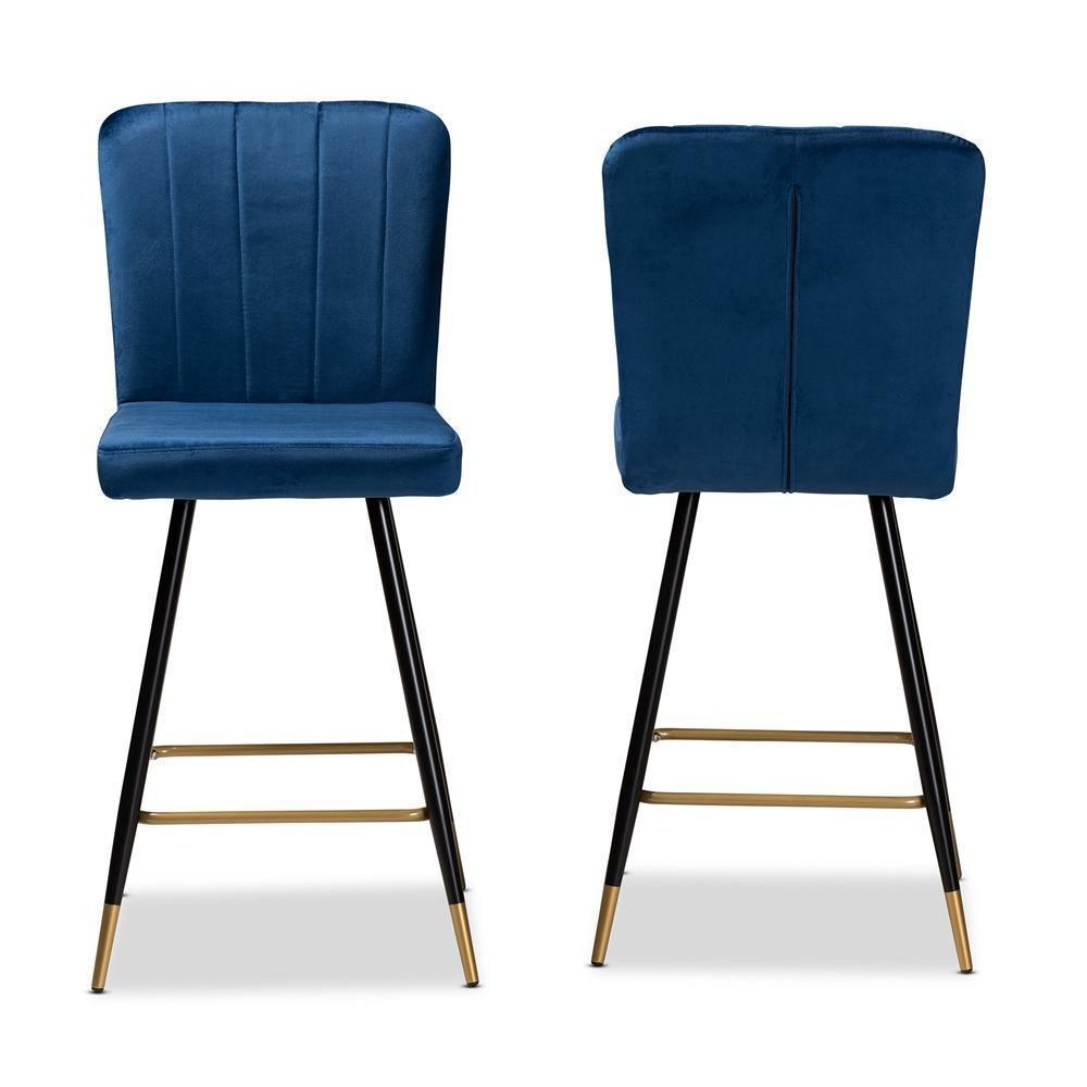 Preston Modern Luxe and Glam Navy Blue Velvet Fabric Upholstered and Two-Tone Black and Gold Finished Metal 2-Piece Bar Stool Set FredCo
