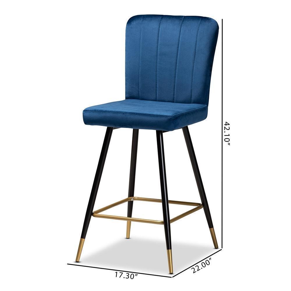 Preston Modern Luxe and Glam Navy Blue Velvet Fabric Upholstered and Two-Tone Black and Gold Finished Metal 2-Piece Bar Stool Set FredCo