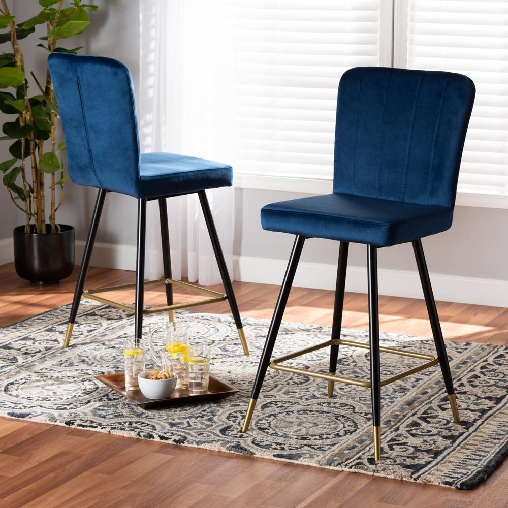 Preston Modern Luxe and Glam Navy Blue Velvet Fabric Upholstered and Two-Tone Black and Gold Finished Metal 2-Piece Bar Stool Set FredCo