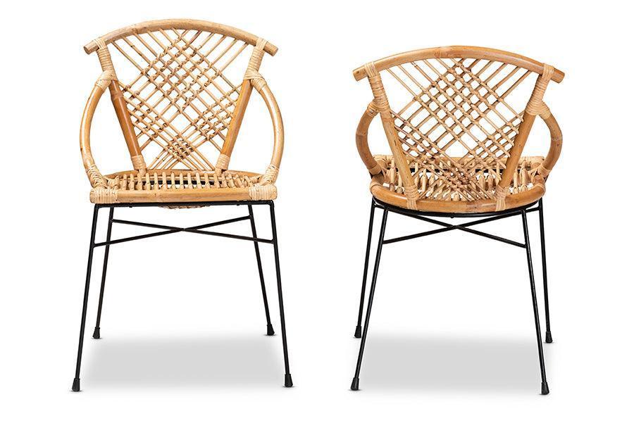 Pro Modern Bohemian Natural Brown Rattan and Black Metal 2-Piece Dining Chair Set FredCo